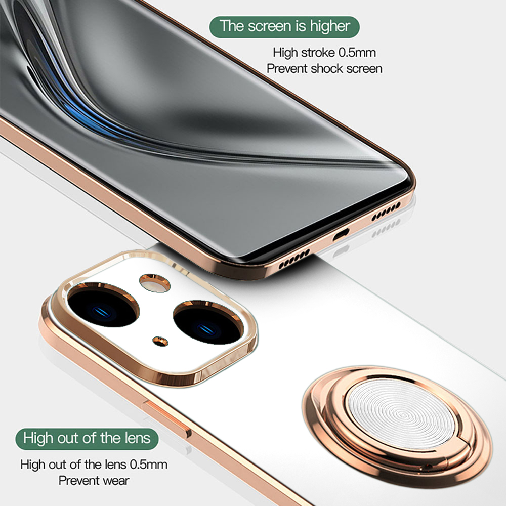 Etui do iPhone 15 eleganckie, ze złotym, metalowym uchwytem i zdobieniami, osłona na aparat, białe