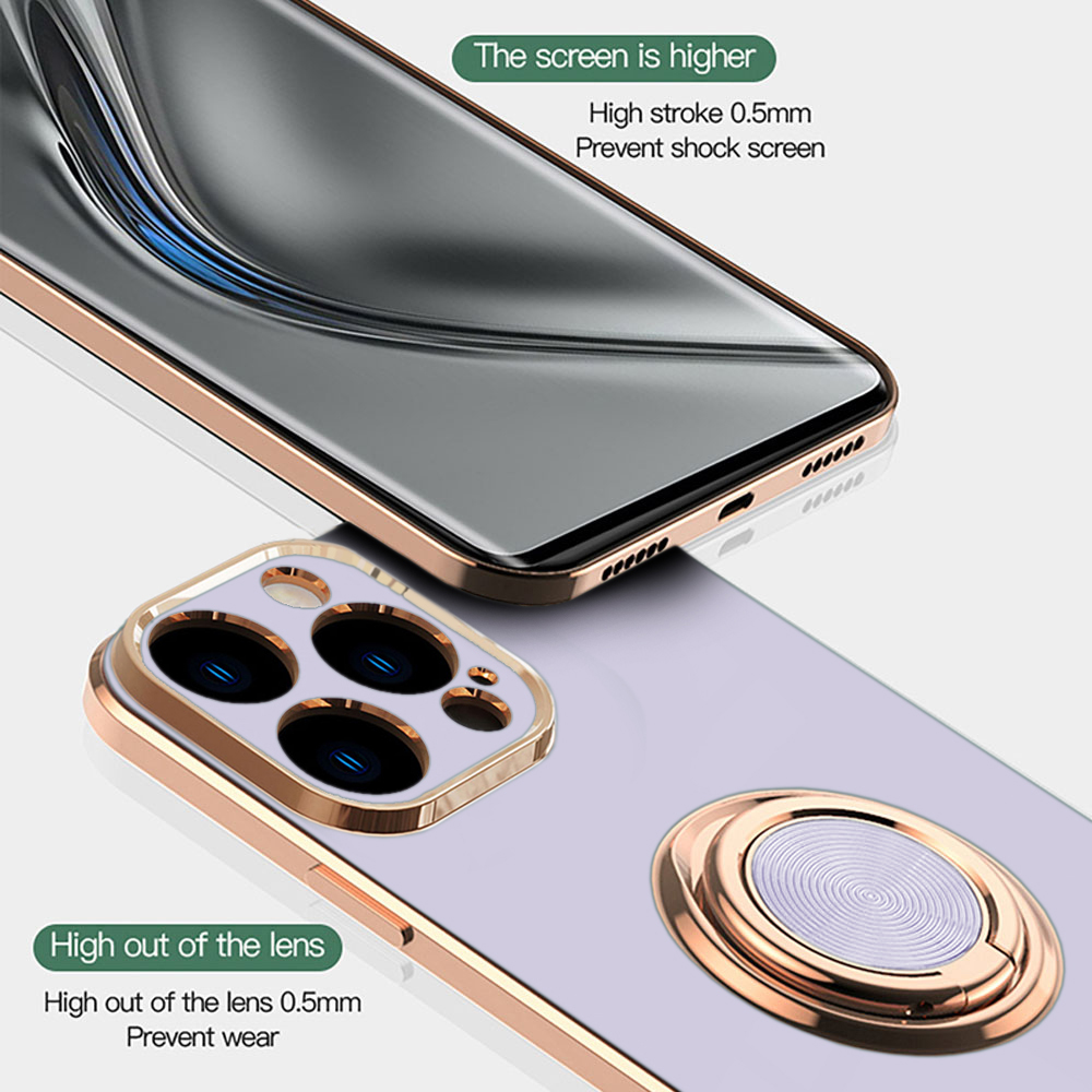 Etui do iPhone 13 Pro eleganckie, ze złotym, metalowym uchwytem i zdobieniami, fioletowe liliowe (OUTLET)