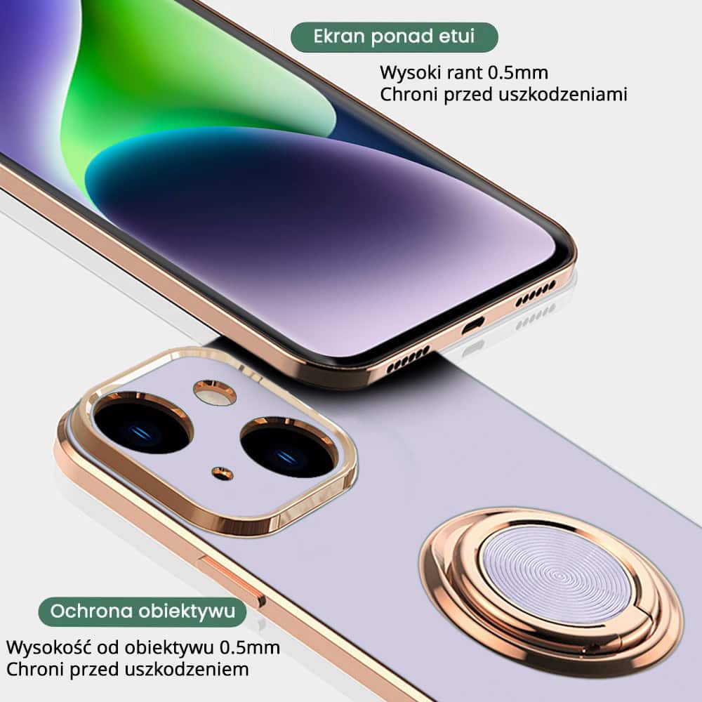 Etui do iPhone 14 eleganckie, ze złotym, metalowym uchwytem i zdobieniami, osłona na aparat, fioletowe liliowe