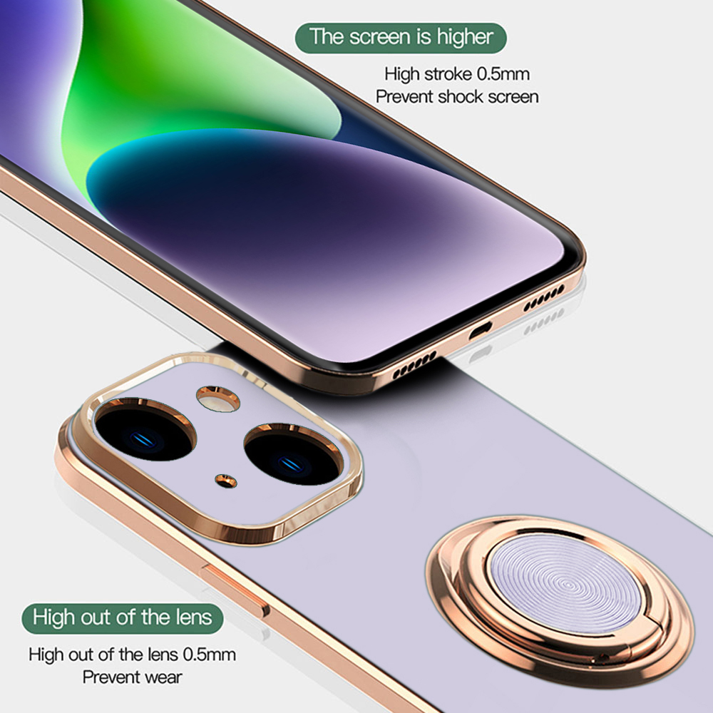 Etui do iPhone 15 eleganckie, ze złotym, metalowym uchwytem i zdobieniami, osłona na aparat, fioletowe liliowe