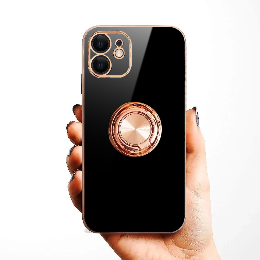 Etui do iPhone 11 eleganckie, ze złotym, metalowym uchwytem i zdobieniami, osłona na aparat, czarne