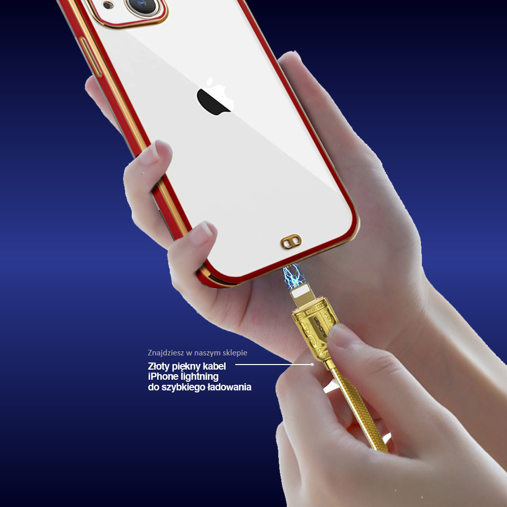 Etui do iPhone 13 Fashion gold przeźroczysty tył, ozdobna osłona na aparat, pozłacane elementy, czerwona ramka (OUTLET)