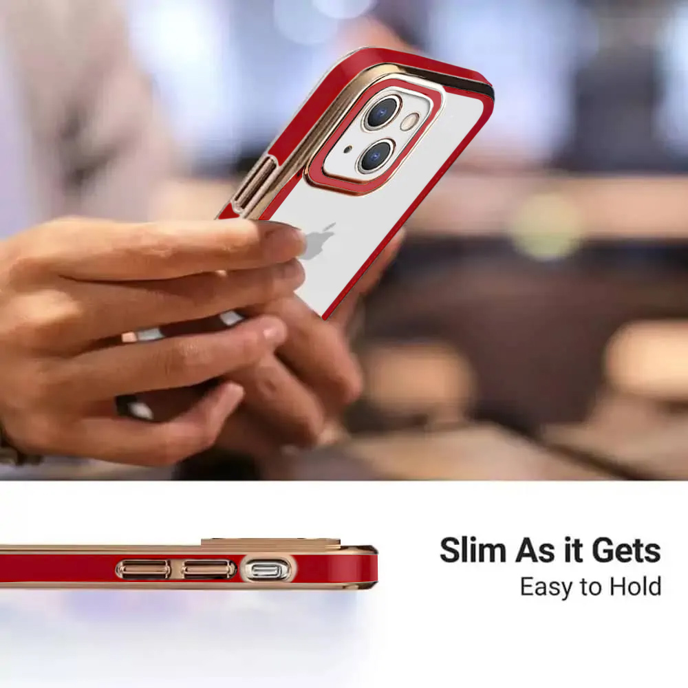 Etui do iPhone 13 Fashion gold przeźroczysty tył, ozdobna osłona na aparat, pozłacane elementy, czerwona ramka (OUTLET)