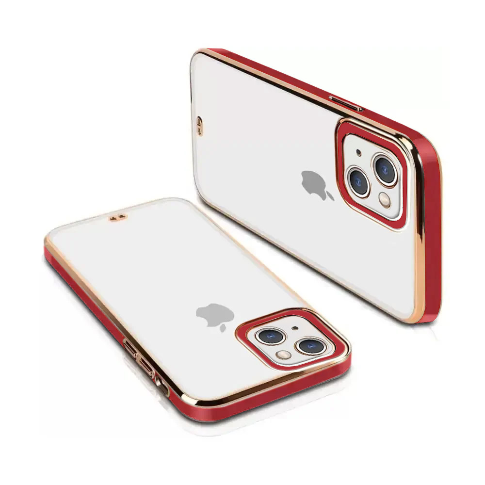Etui do iPhone 13 Fashion gold przeźroczysty tył, ozdobna osłona na aparat, pozłacane elementy, czerwona ramka (OUTLET)