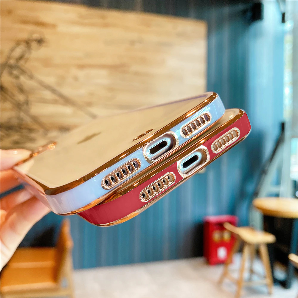 Etui do iPhone 13 Fashion gold przeźroczysty tył, ozdobna osłona na aparat, pozłacane elementy, czerwona ramka (OUTLET)