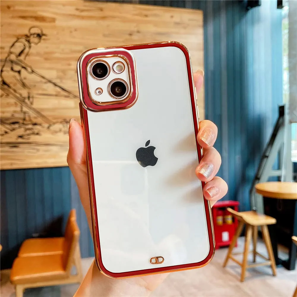 Etui do iPhone 13 Fashion gold przeźroczysty tył, ozdobna osłona na aparat, pozłacane elementy, czerwona ramka (OUTLET)