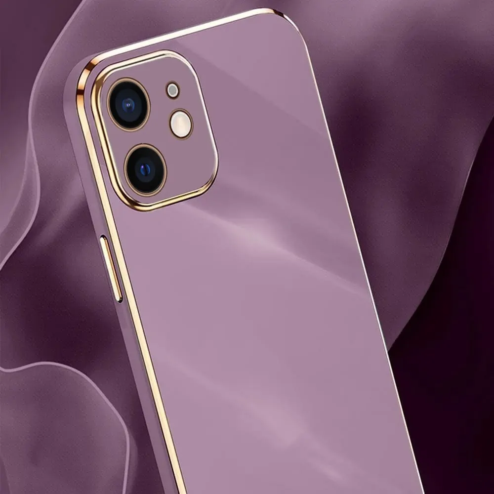 Etui do iPhone 12 luksusowe błyszczące ze złotą ramką i osłoną na aparat, purpurowe (OUTLET)