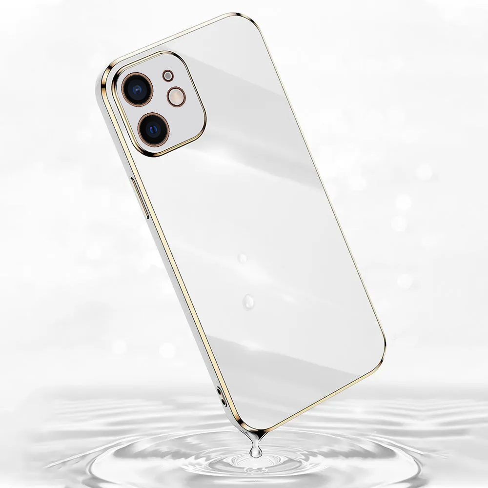 Etui do iPhone 12 luksusowe błyszczące ze złotą ramką i osłona na aparat, białe (OUTLET)