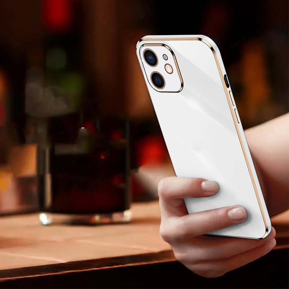 Etui do iPhone 12 luksusowe błyszczące ze złotą ramką i osłona na aparat, białe (OUTLET)