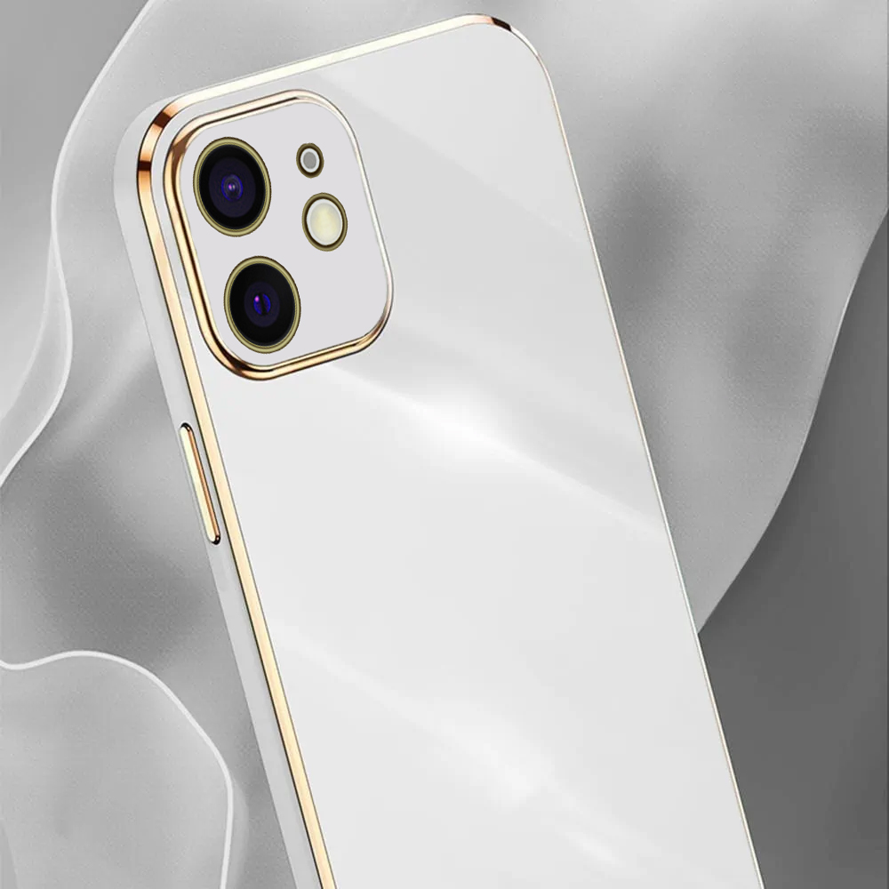 Etui do iPhone 12 luksusowe błyszczące ze złotą ramką i osłona na aparat, białe (OUTLET)