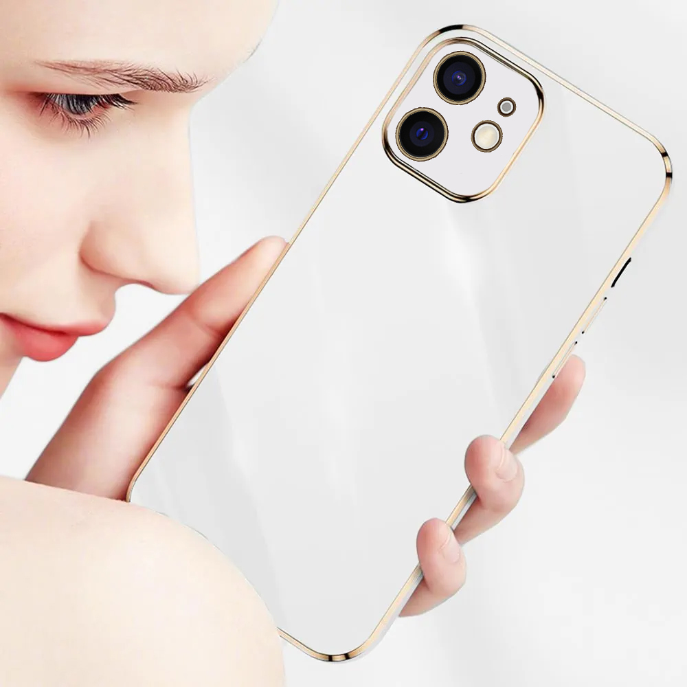 Etui do iPhone 12 luksusowe błyszczące ze złotą ramką i osłona na aparat, białe (OUTLET)