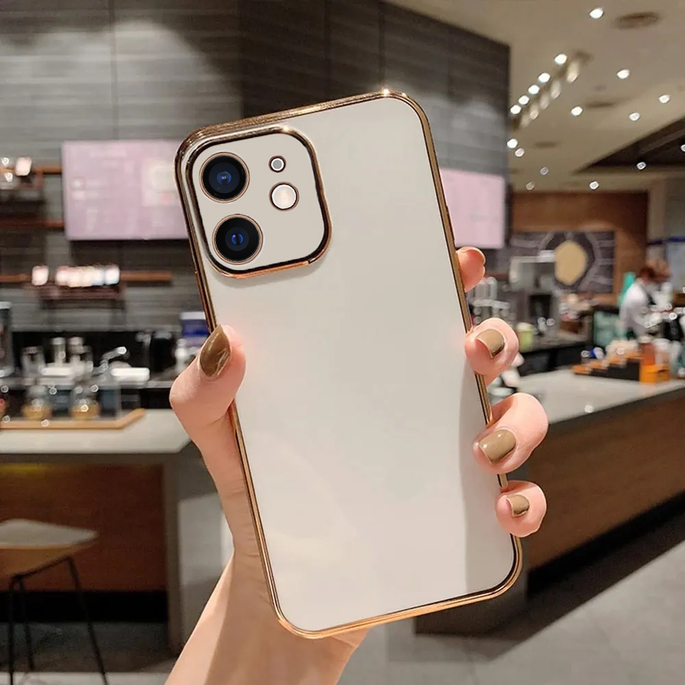 Etui do iPhone 12 luksusowe błyszczące ze złotą ramką i osłona na aparat, białe (OUTLET)