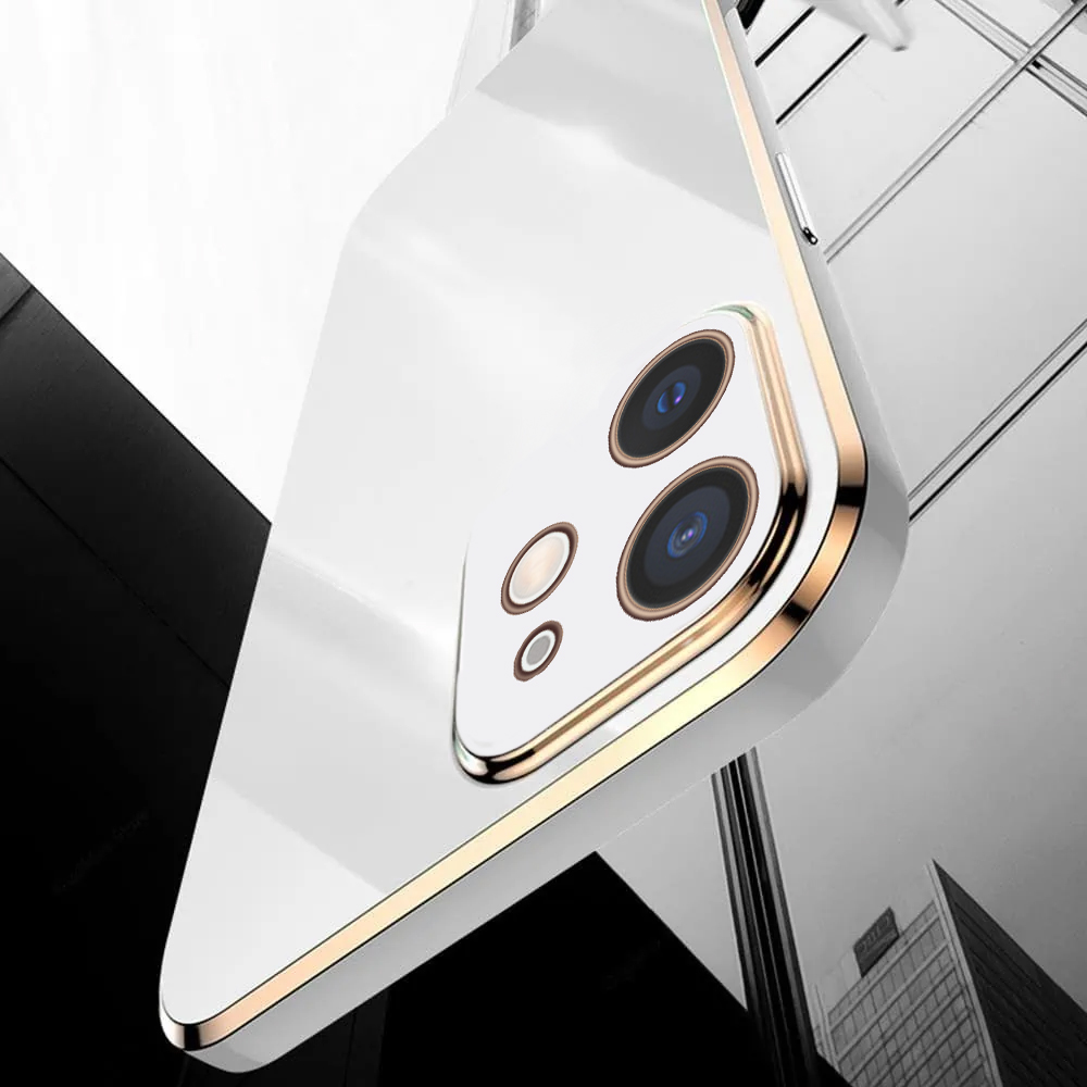 Etui do iPhone 12 luksusowe błyszczące ze złotą ramką i osłona na aparat, białe (OUTLET)