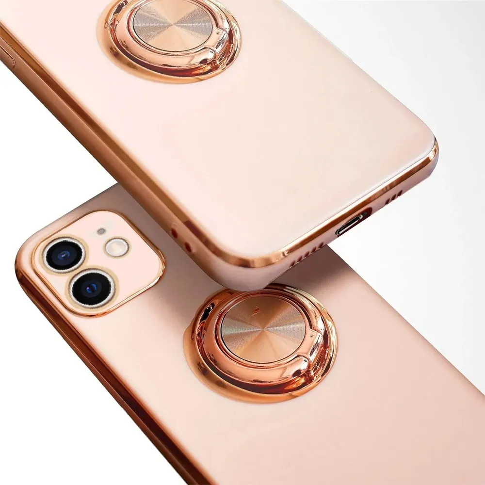 Etui do iPhone 12 Mini eleganckie, ze złotym, metalowym uchwytem i zdobieniami, osłona na aparat, pudrowy róż
