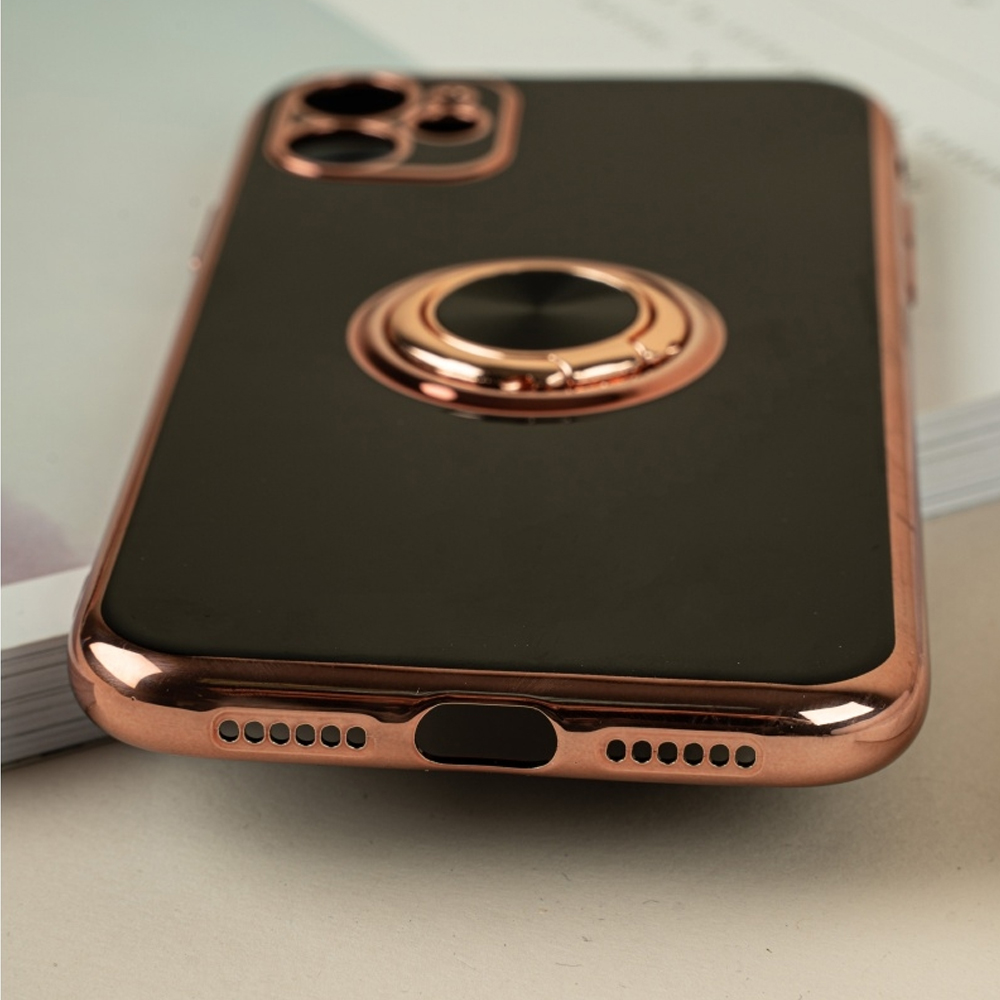 Etui do iPhone 11 eleganckie, ze złotym, metalowym uchwytem i zdobieniami, osłona na aparat, czarne