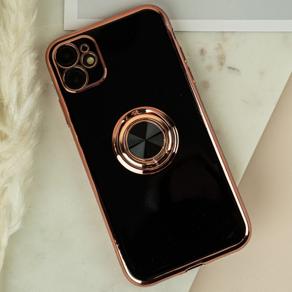 Etui do iPhone 11 eleganckie, ze złotym, metalowym uchwytem i zdobieniami, osłona na aparat, czarne