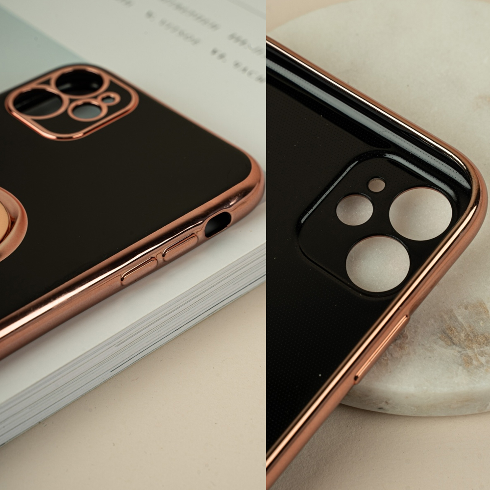 Etui do iPhone 11 eleganckie, ze złotym, metalowym uchwytem i zdobieniami, osłona na aparat, czarne