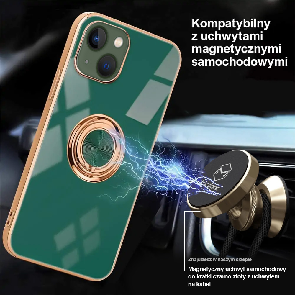 Etui do iPhone 13 Mini eleganckie, ze złotym, metalowym uchwytem i zdobieniami, zielone deep green