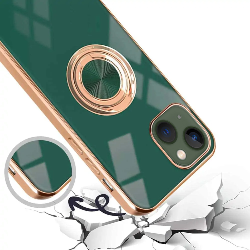 Etui do iPhone 13 Mini eleganckie, ze złotym, metalowym uchwytem i zdobieniami, zielone deep green