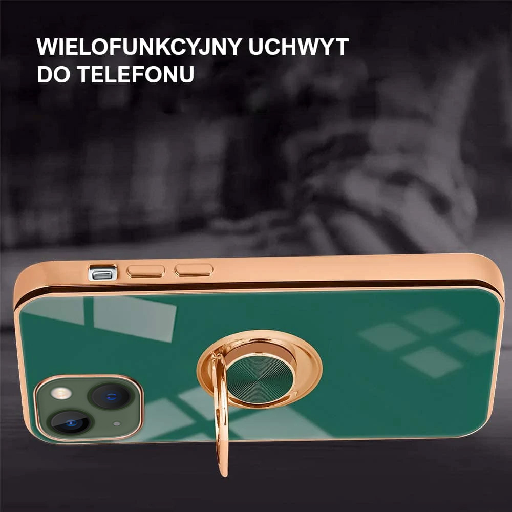 Etui do iPhone 13 Mini eleganckie, ze złotym, metalowym uchwytem i zdobieniami, zielone deep green