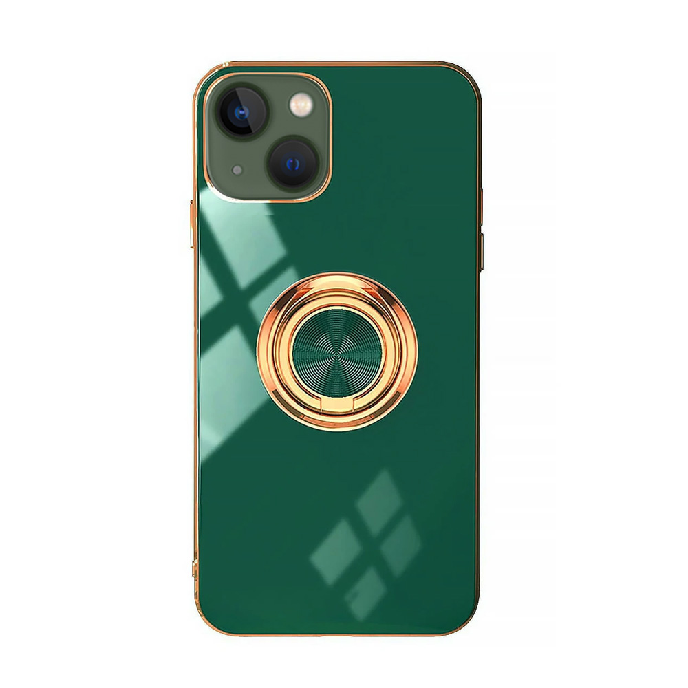Etui do iPhone 13 Mini eleganckie, ze złotym, metalowym uchwytem i zdobieniami, zielone deep green