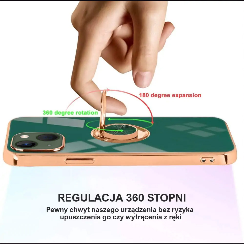 Etui do iPhone 13 Mini eleganckie, ze złotym, metalowym uchwytem i zdobieniami, zielone deep green