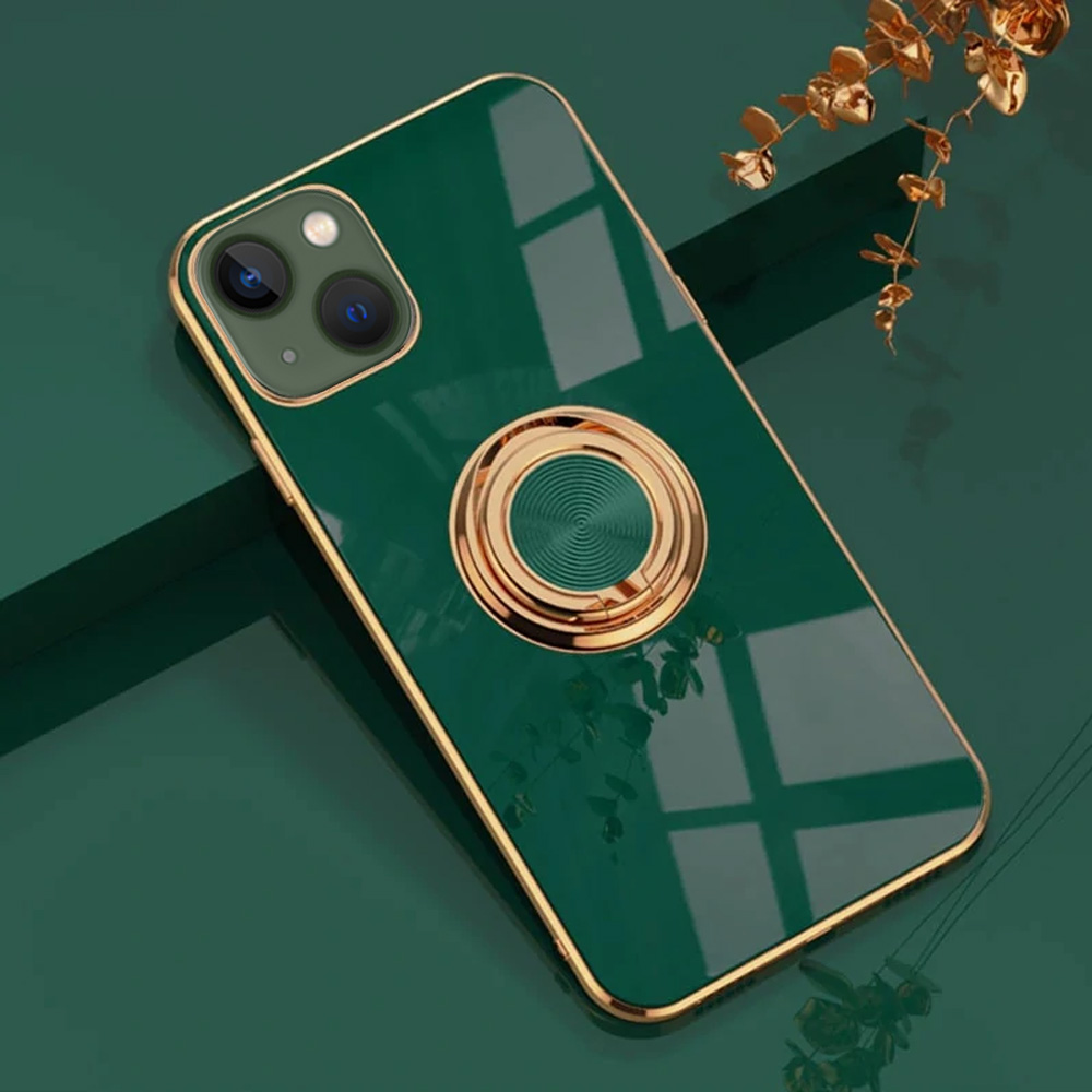 Etui do iPhone 13 Mini eleganckie, ze złotym, metalowym uchwytem i zdobieniami, zielone deep green