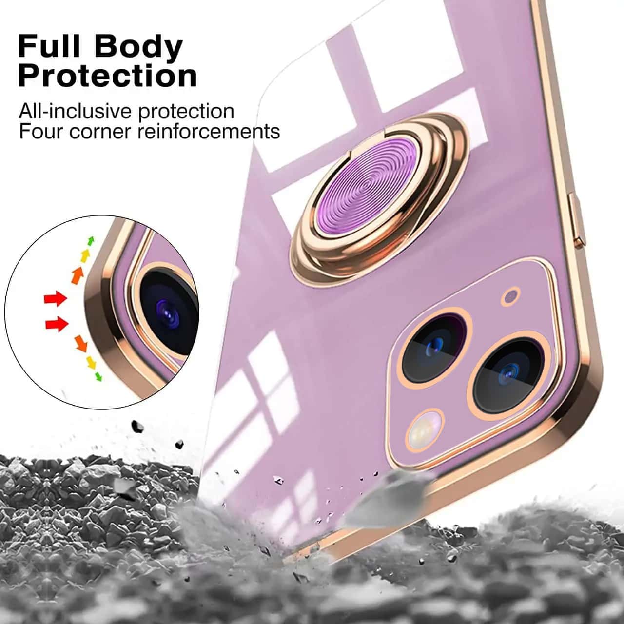 Etui do iPhone 13 Mini eleganckie, ze złotym, metalowym uchwytem i zdobieniami, osłona na aparat, fioletowo liliowe