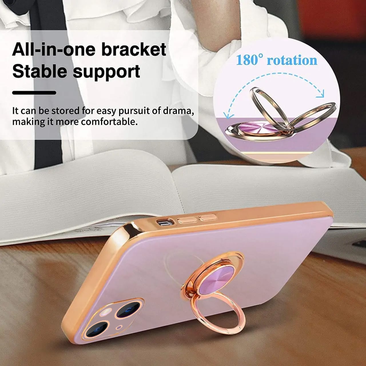 Etui do iPhone 13 Mini eleganckie, ze złotym, metalowym uchwytem i zdobieniami, osłona na aparat, fioletowo liliowe