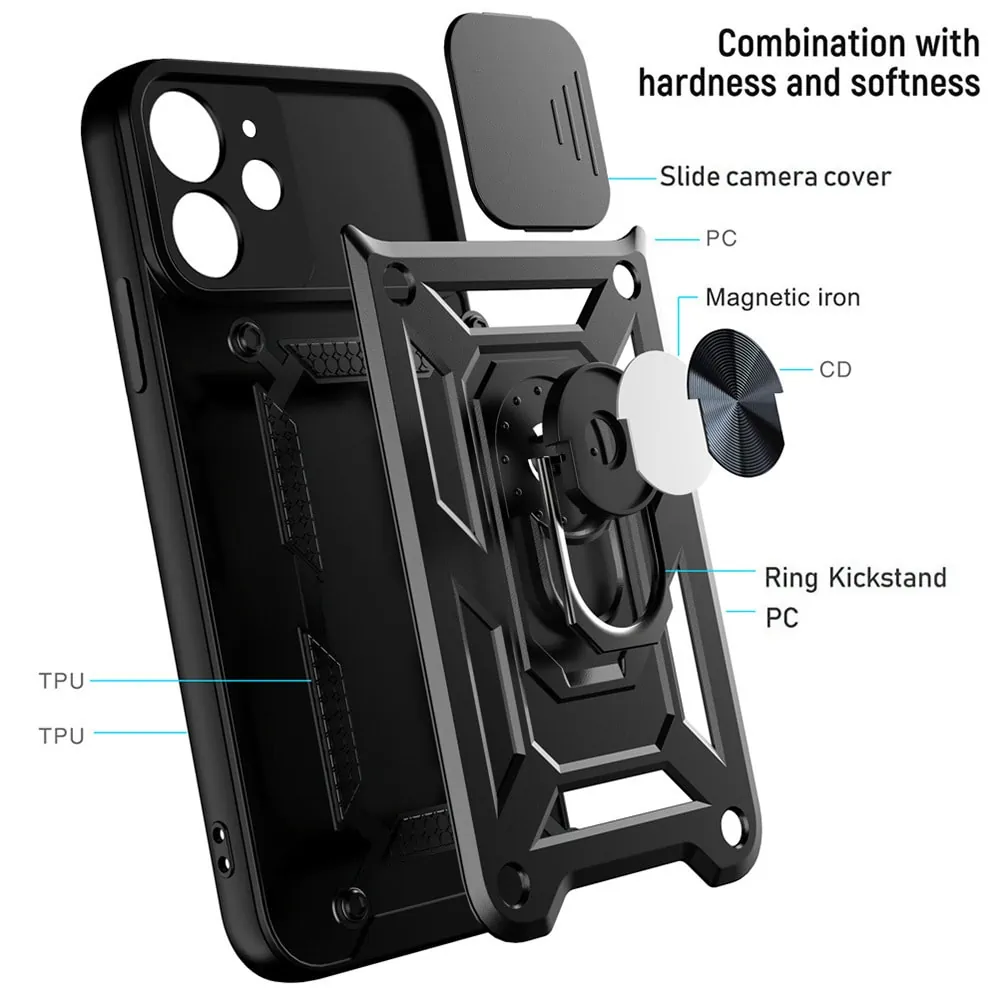 Etui do iPhone 12 pancerne z magnetycznym uchwytem, osłona kamery, czarny