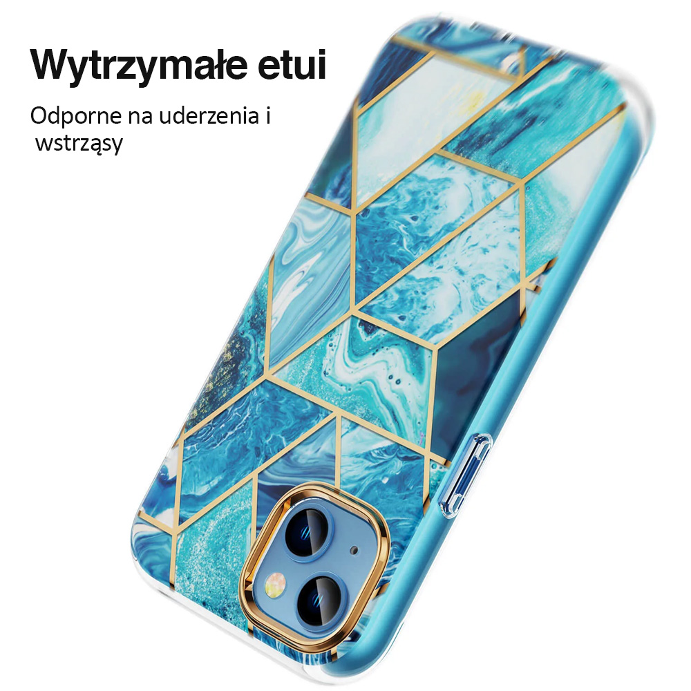 Etui 2w1 do iPhone 13 SupGold Cosmo Marble zintegrowana osłona ekranu, złote niebieskie