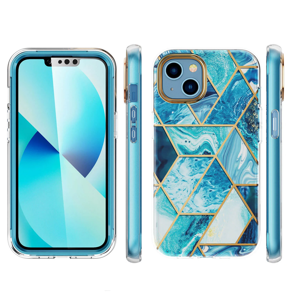 Etui 2w1 do iPhone 13 SupGold Cosmo Marble zintegrowana osłona ekranu, złote niebieskie