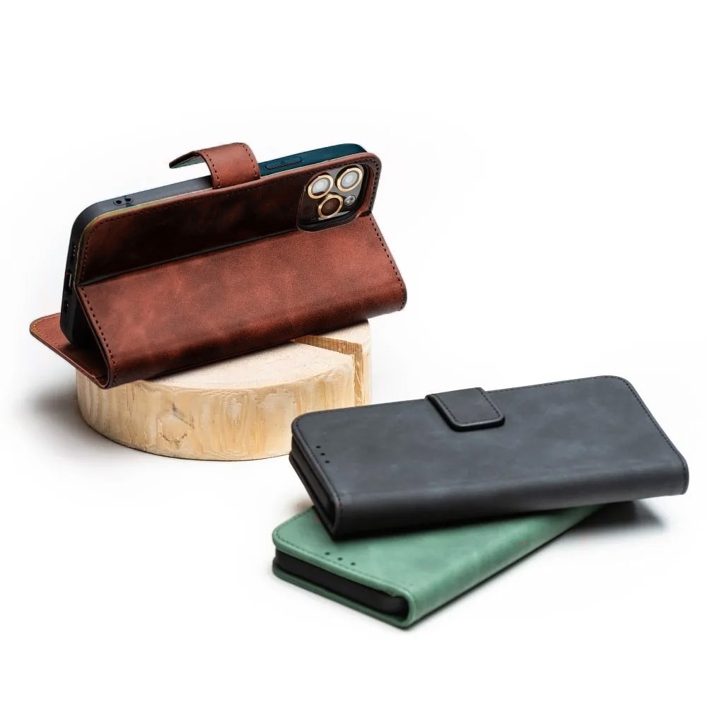 Etui do iPhone 14 Plus eco skóra zamykane na klapkę, kabura, ciemny brązowy