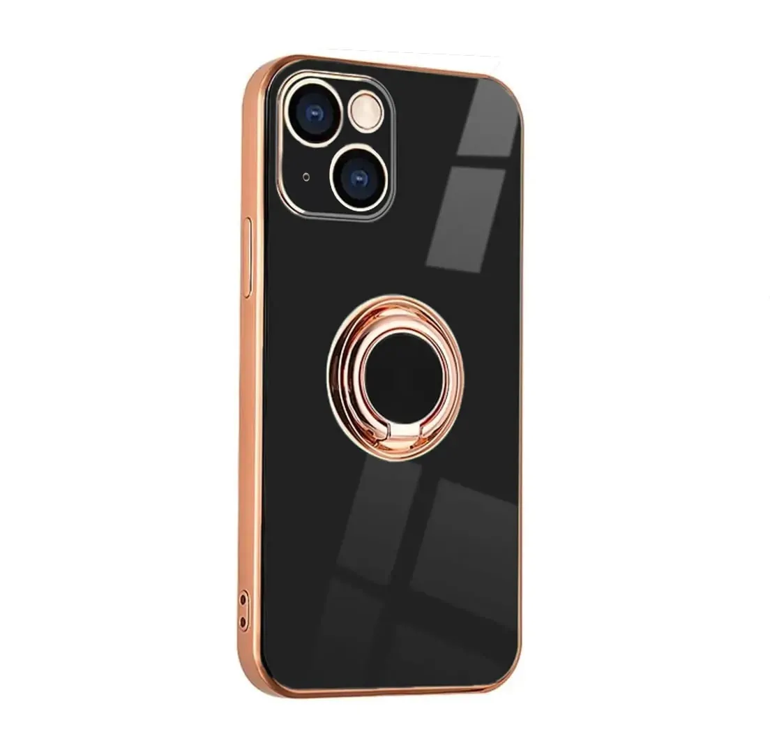 Etui do iPhone 13 Mini eleganckie, ze złotym, metalowym uchwytem i zdobieniami, osłona na aparat, czarne