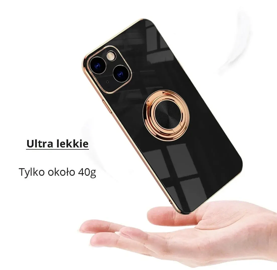 Etui do iPhone 13 Mini eleganckie, ze złotym, metalowym uchwytem i zdobieniami, osłona na aparat, czarne