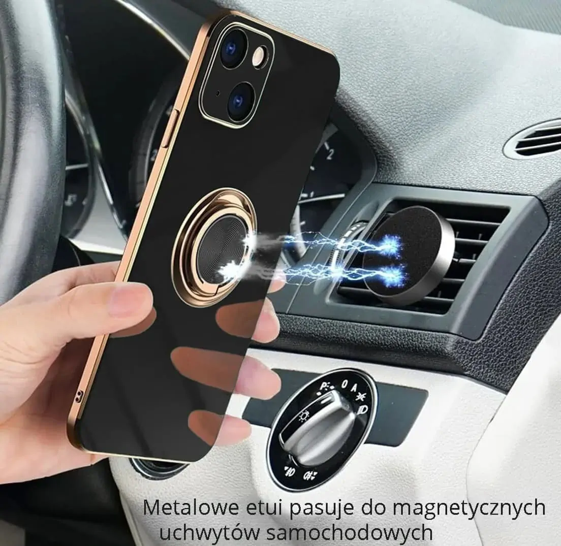 Etui do iPhone 13 Mini eleganckie, ze złotym, metalowym uchwytem i zdobieniami, osłona na aparat, czarne