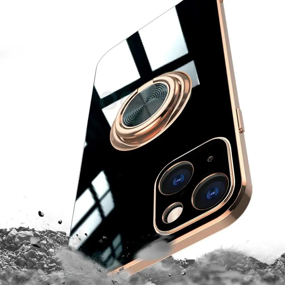 Etui do iPhone 13 Mini eleganckie, ze złotym, metalowym uchwytem i zdobieniami, osłona na aparat, czarne