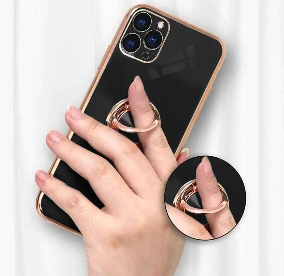 Etui do iPhone 13 Pro eleganckie, ze złotym, metalowym uchwytem i zdobieniami, osłona na aparat, czarne