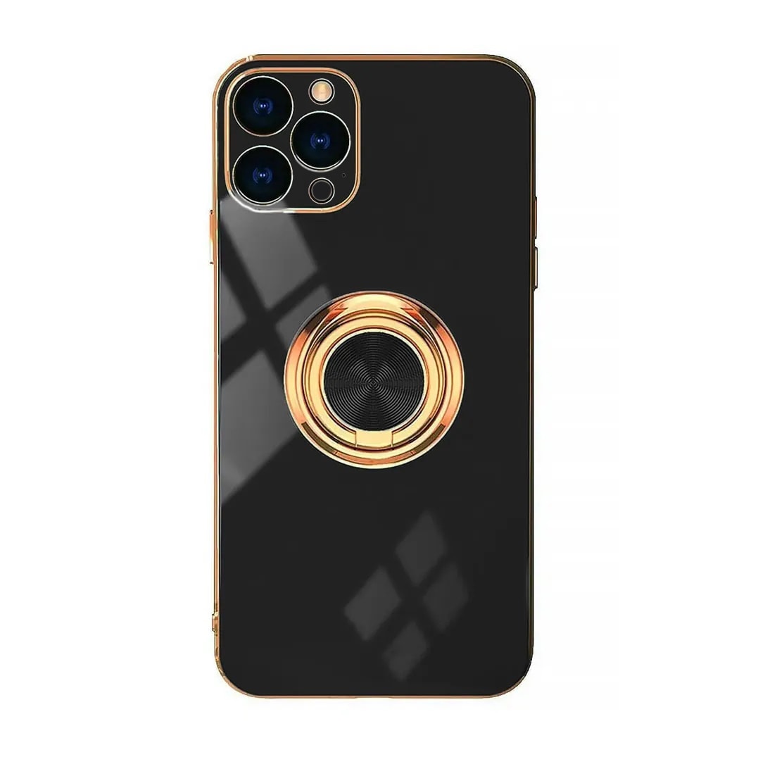 Etui do iPhone 13 Pro eleganckie, ze złotym, metalowym uchwytem i zdobieniami, osłona na aparat, czarne