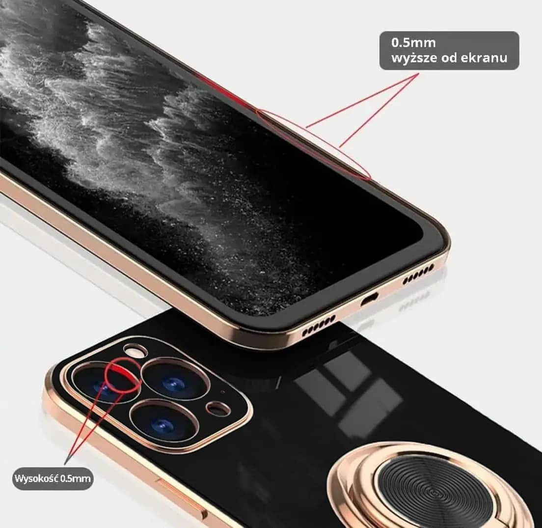 Etui do iPhone 13 Pro eleganckie, ze złotym, metalowym uchwytem i zdobieniami, osłona na aparat, czarne