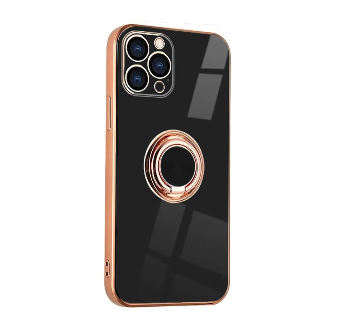 Etui do iPhone 13 Pro eleganckie, ze złotym, metalowym uchwytem i zdobieniami, osłona na aparat, czarne