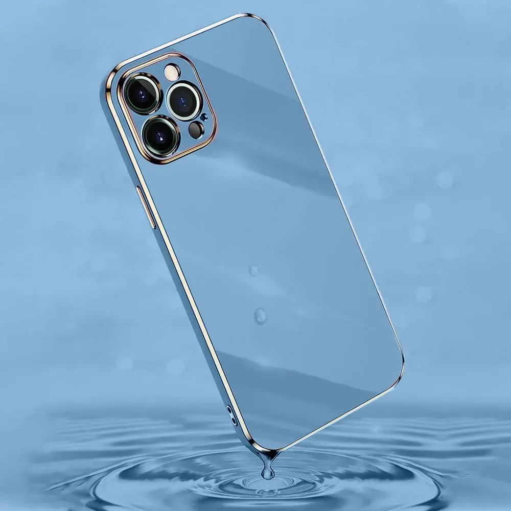 Etui do iPhone 13 Pro luksusowe błyszczące ze złotą ramką i osłona na aparat, niebieski denim