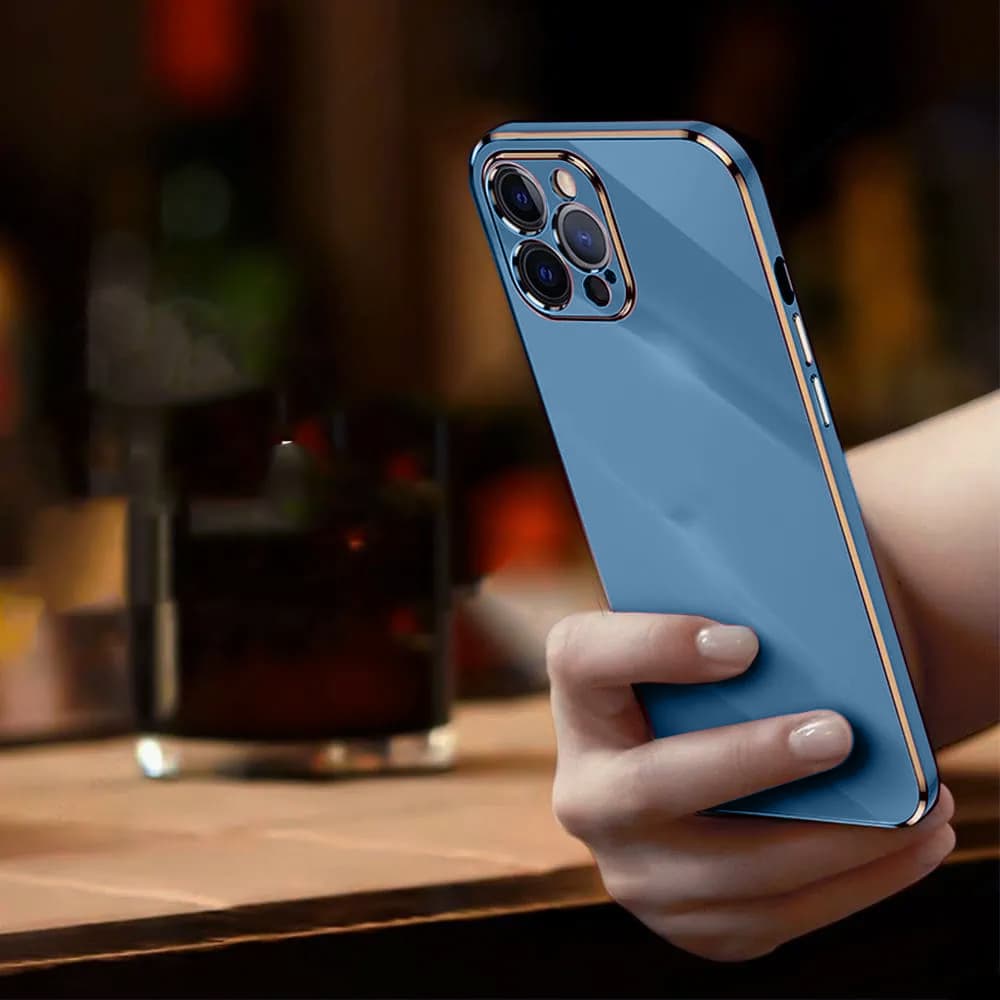 Etui do iPhone 13 Pro luksusowe błyszczące ze złotą ramką i osłona na aparat, niebieski denim