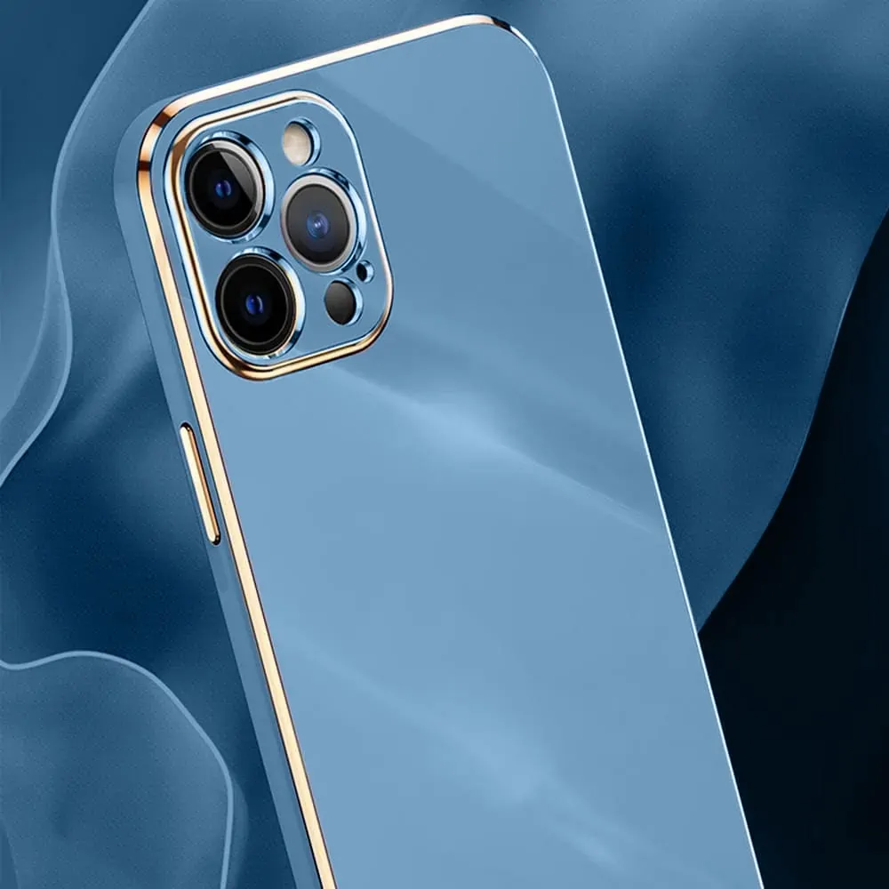 Etui do iPhone 13 Pro luksusowe błyszczące ze złotą ramką i osłona na aparat, niebieski denim