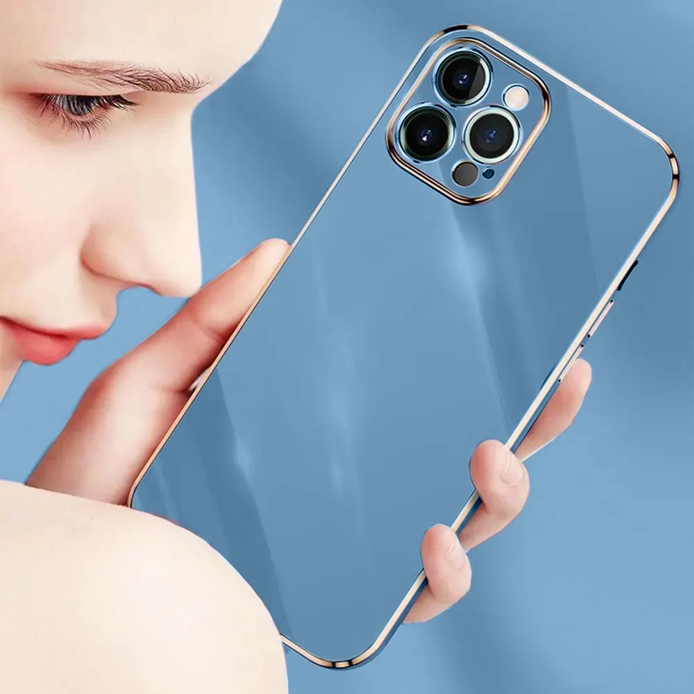 Etui do iPhone 13 Pro luksusowe błyszczące ze złotą ramką i osłona na aparat, niebieski denim