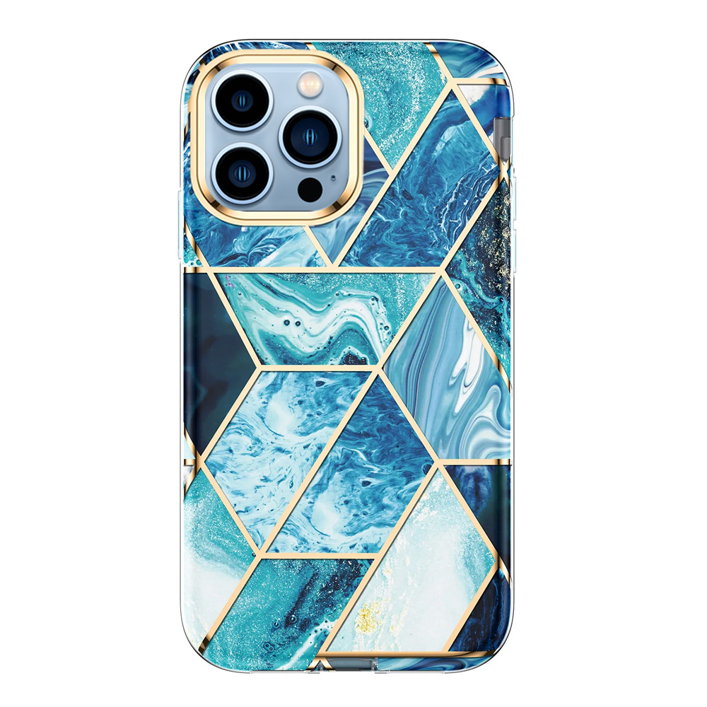 Etui 2w1 do iPhone 13 Pro Max SupGold Cosmo Marble zintegrowana osłona ekranu, złote niebieskie