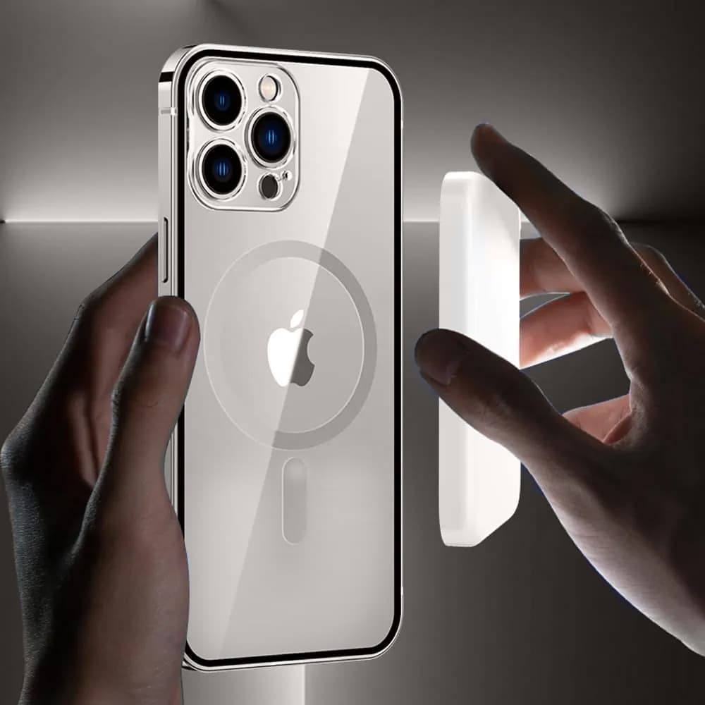 Etui do iPhone 14 Pro Max Ibizu Elite Skin, krystalicznie czyste z metalową ramką, srebrne z MagSafe (OUTLET)