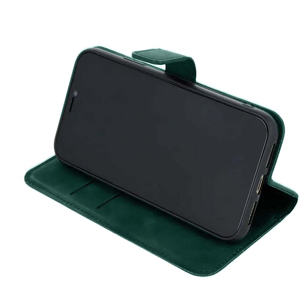 Etui do iPhone 13 Pro eko skóra zamykane eleganckie, ciemnozielone
