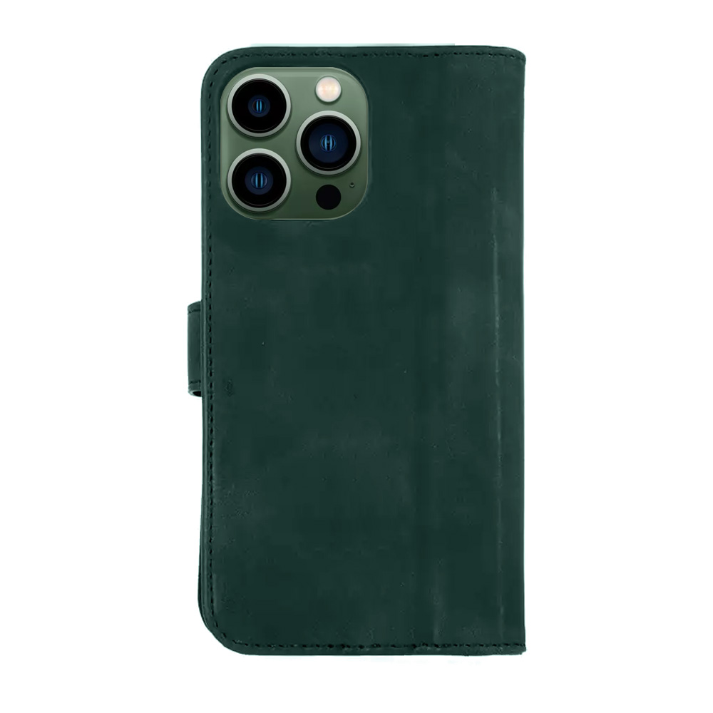 Etui do iPhone 13 Pro eko skóra zamykane eleganckie, ciemnozielone