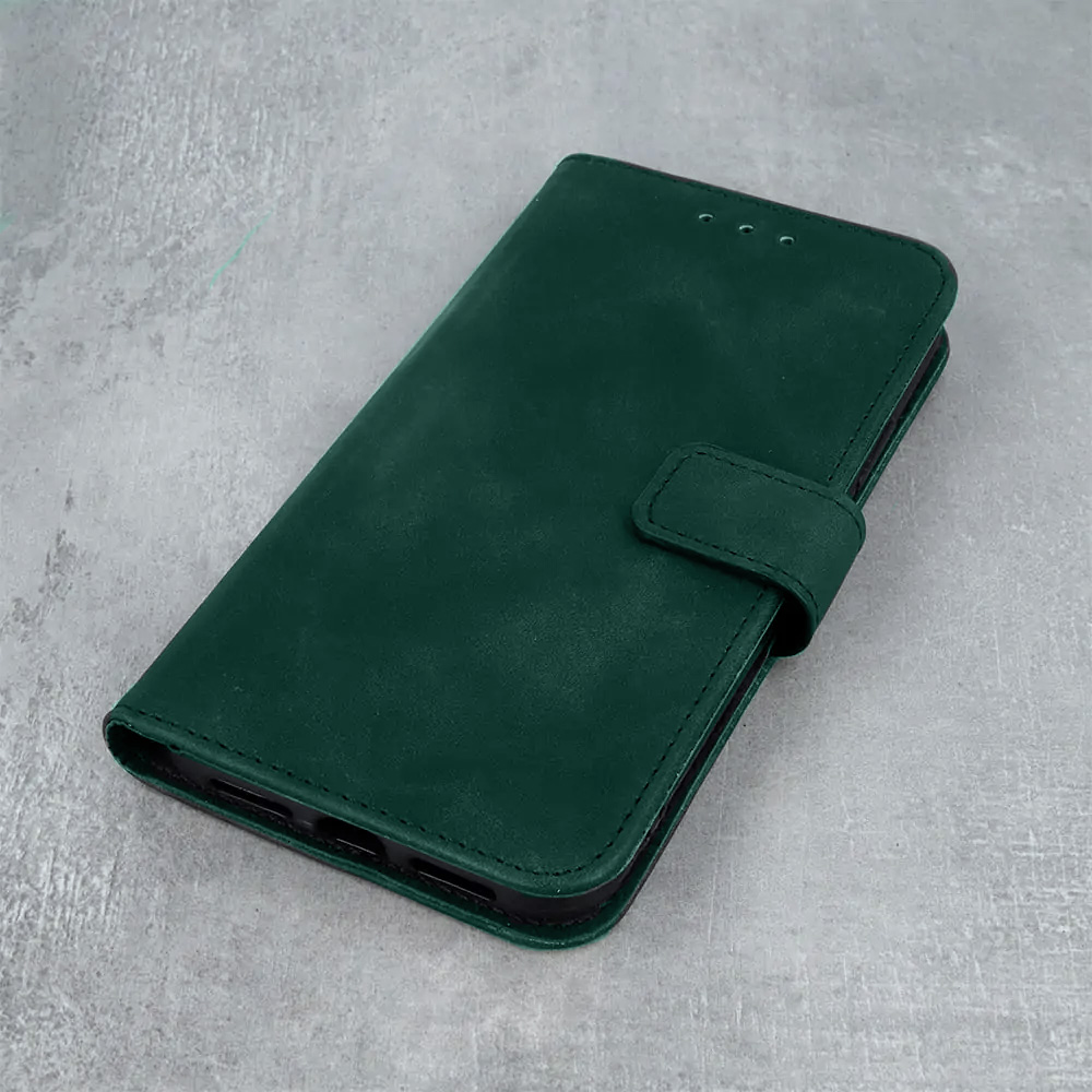 Etui do iPhone 13 Pro eko skóra zamykane eleganckie, ciemnozielone